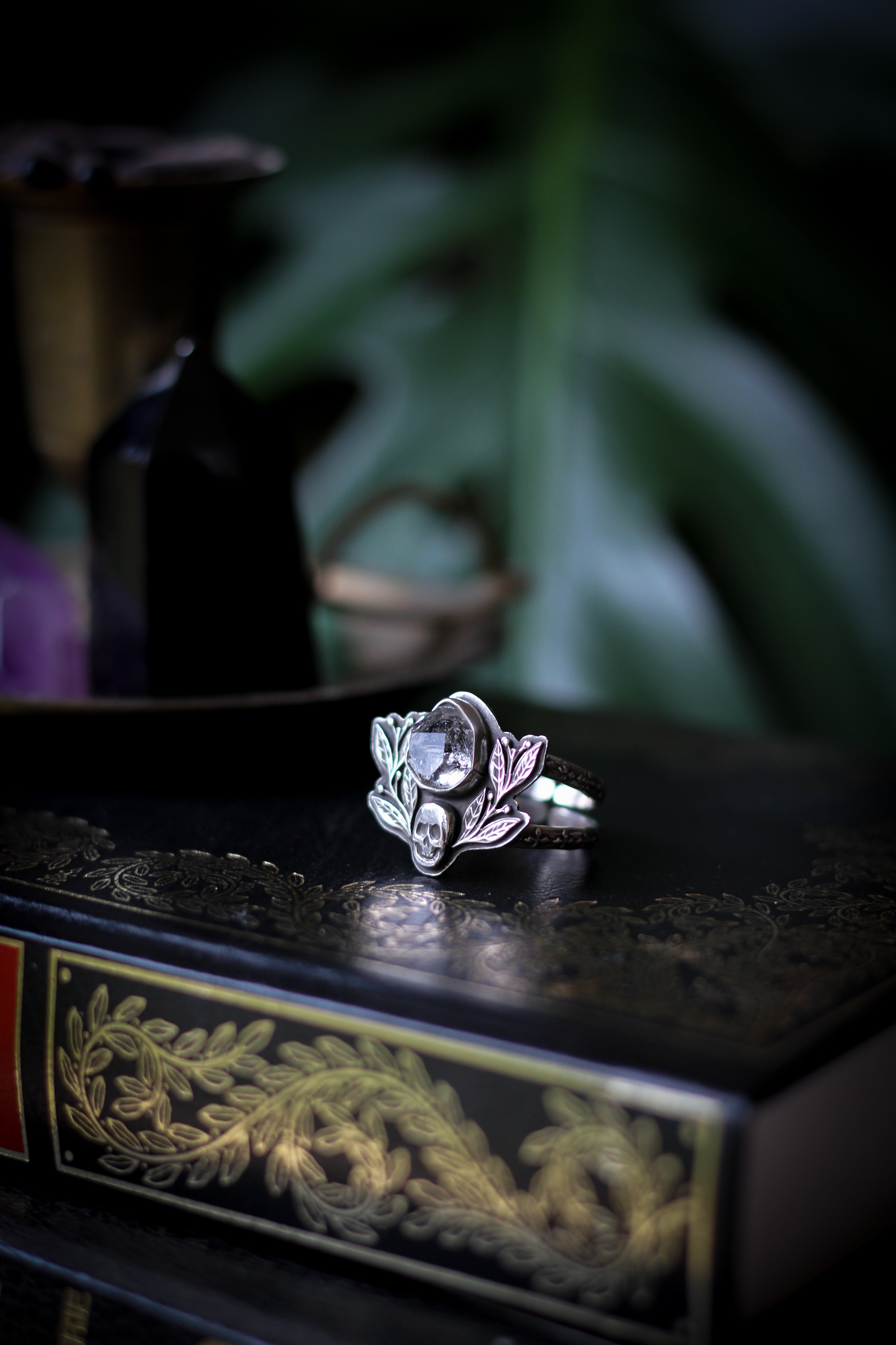 The Jewel of Hel - Rough Herkimer Diamond and Silver Ring, Forged Skull