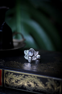 The Jewel of Hel - Rough Herkimer Diamond and Silver Ring, Forged Skull