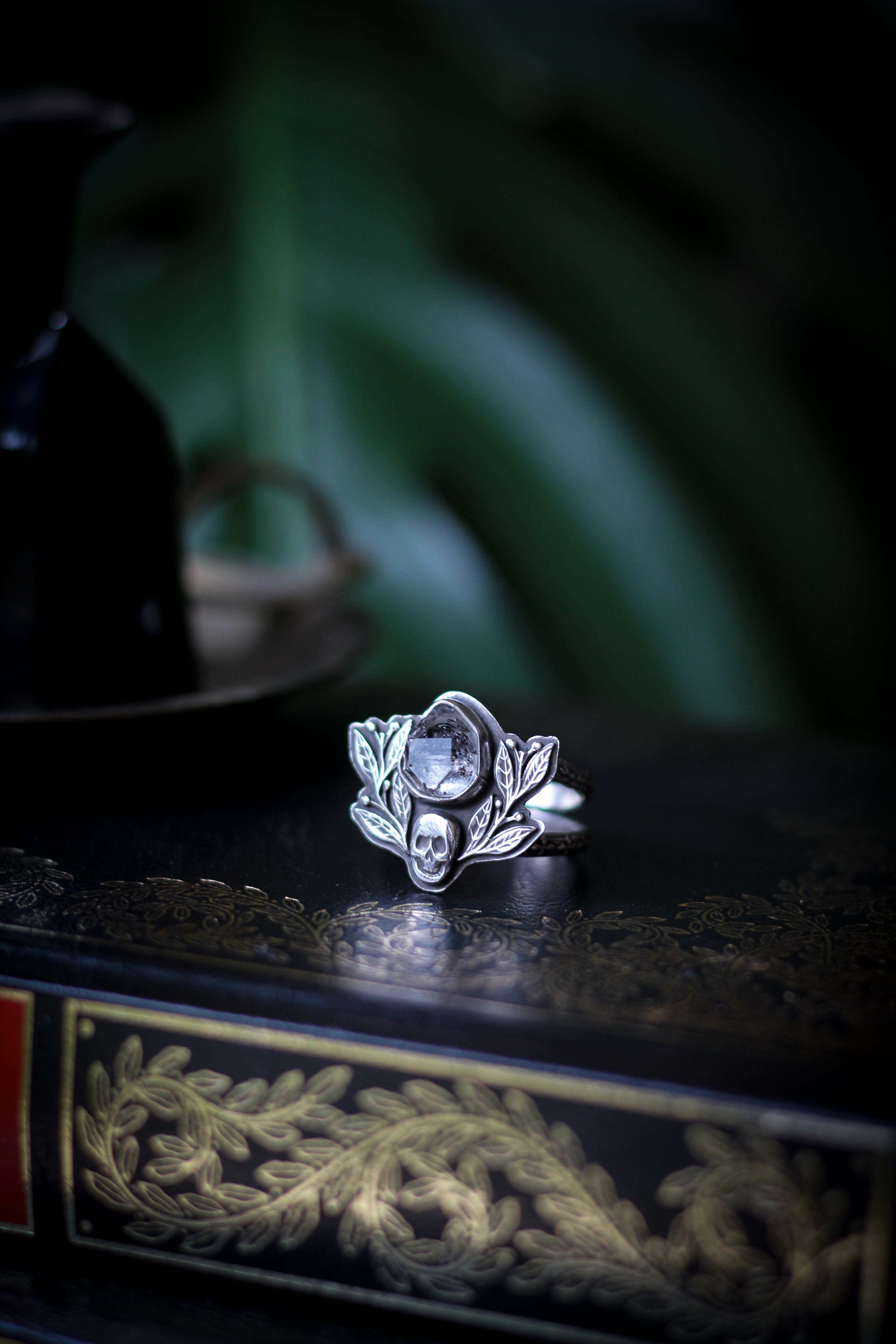 The Jewel of Hel - Rough Herkimer Diamond and Silver Ring, Forged Skull