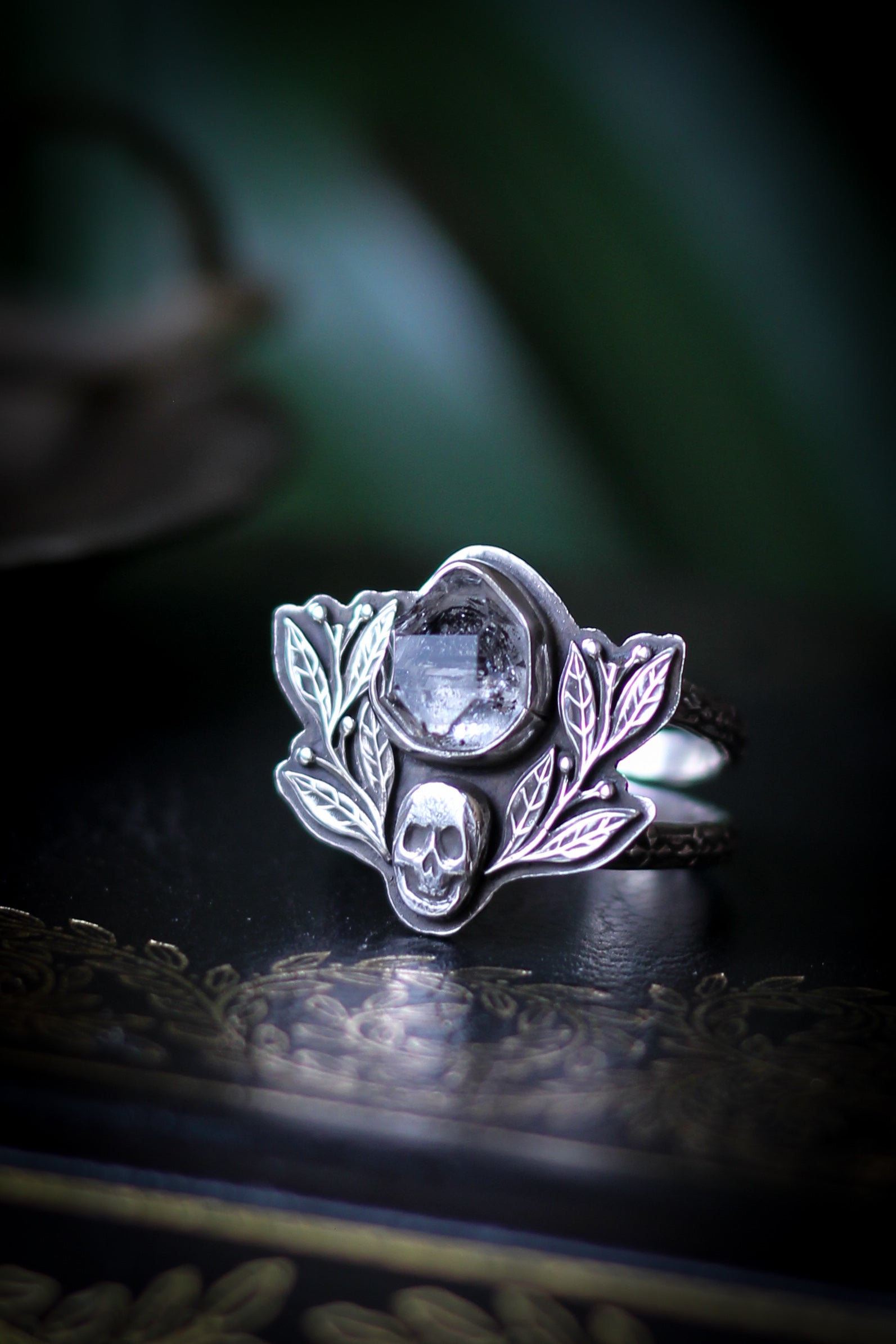 The Jewel of Hel - Rough Herkimer Diamond and Silver Ring, Forged Skull