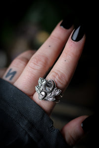 The Jewel of Hel - Rough Herkimer Diamond and Silver Ring, Forged Skull