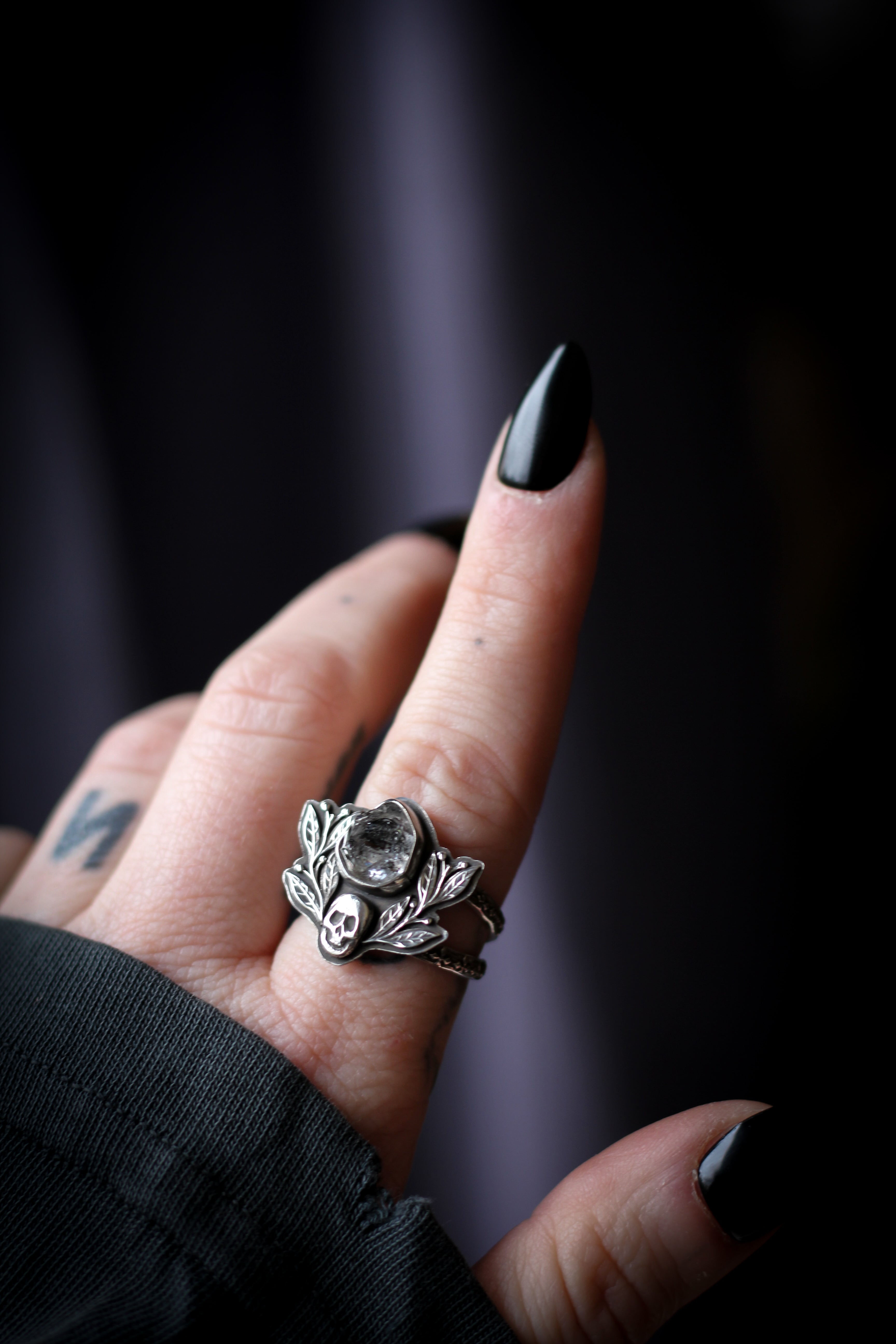 The Jewel of Hel - Rough Herkimer Diamond and Silver Ring, Forged Skull