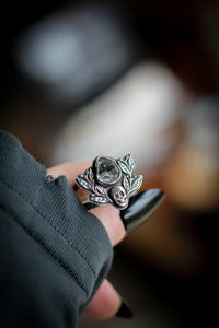 The Jewel of Hel - Rough Herkimer Diamond and Silver Ring, Forged Skull