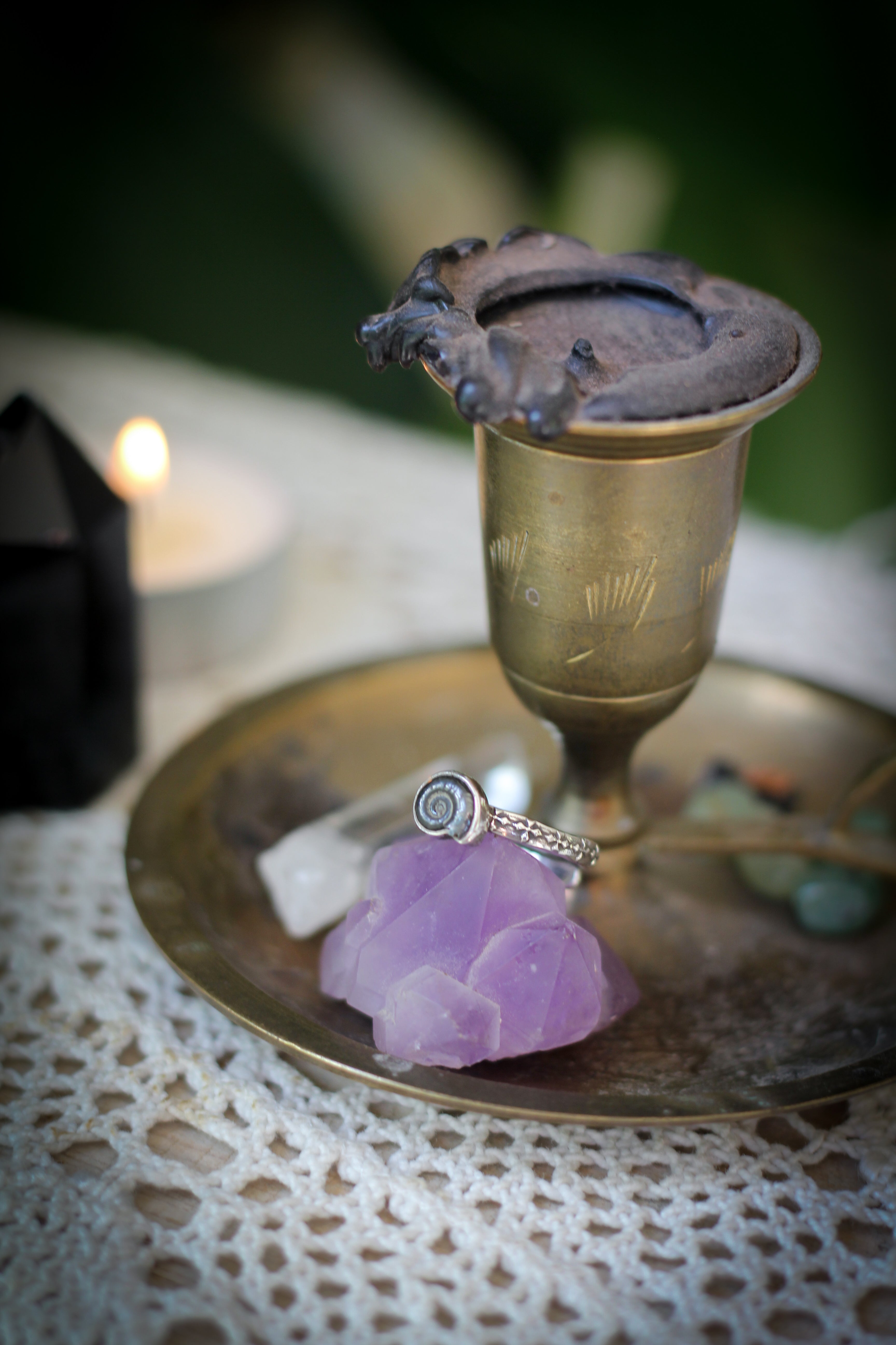 Earth Witch - Bague en fossile d'ammonite et argent