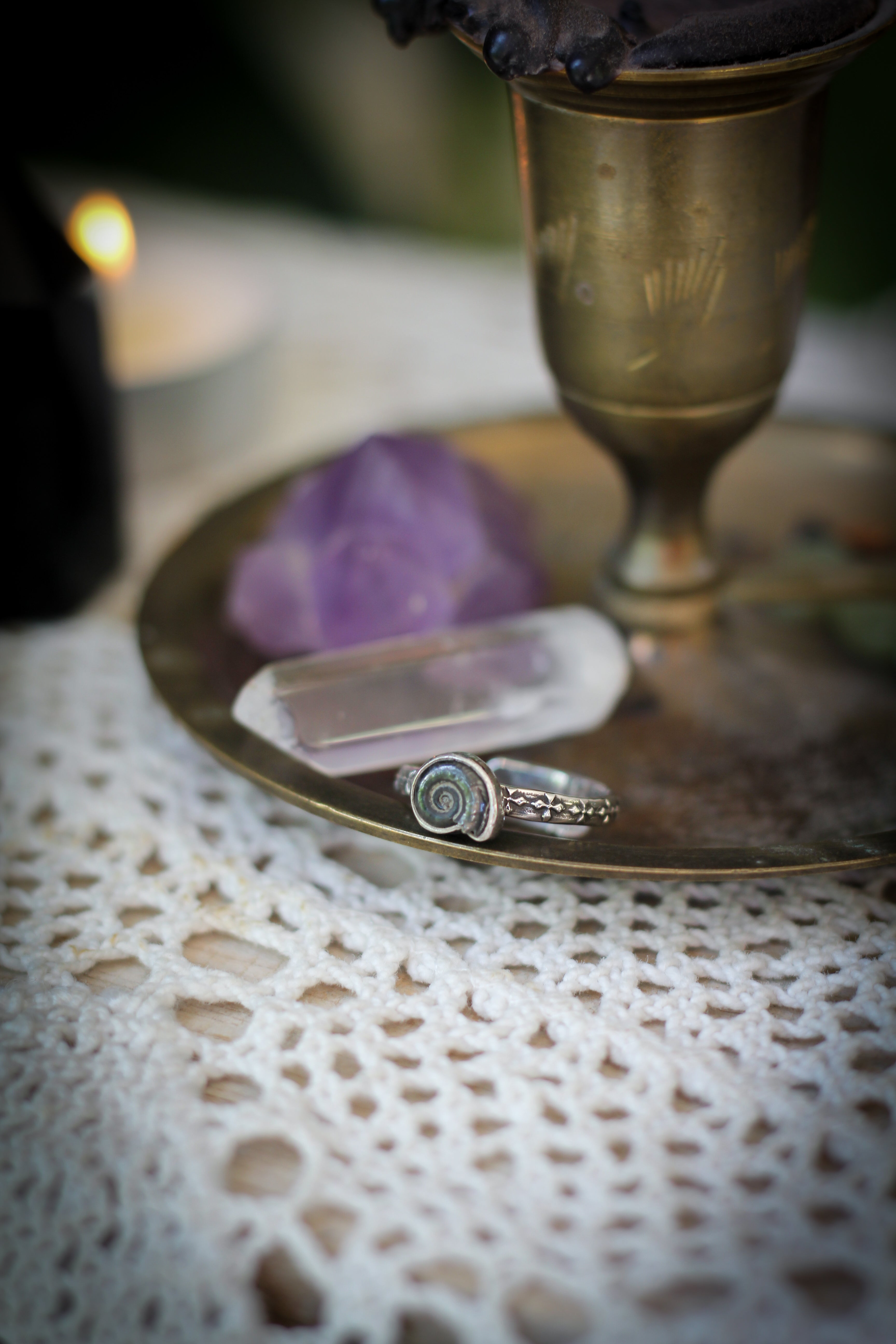 Earth Witch - Bague en fossile d'ammonite et argent