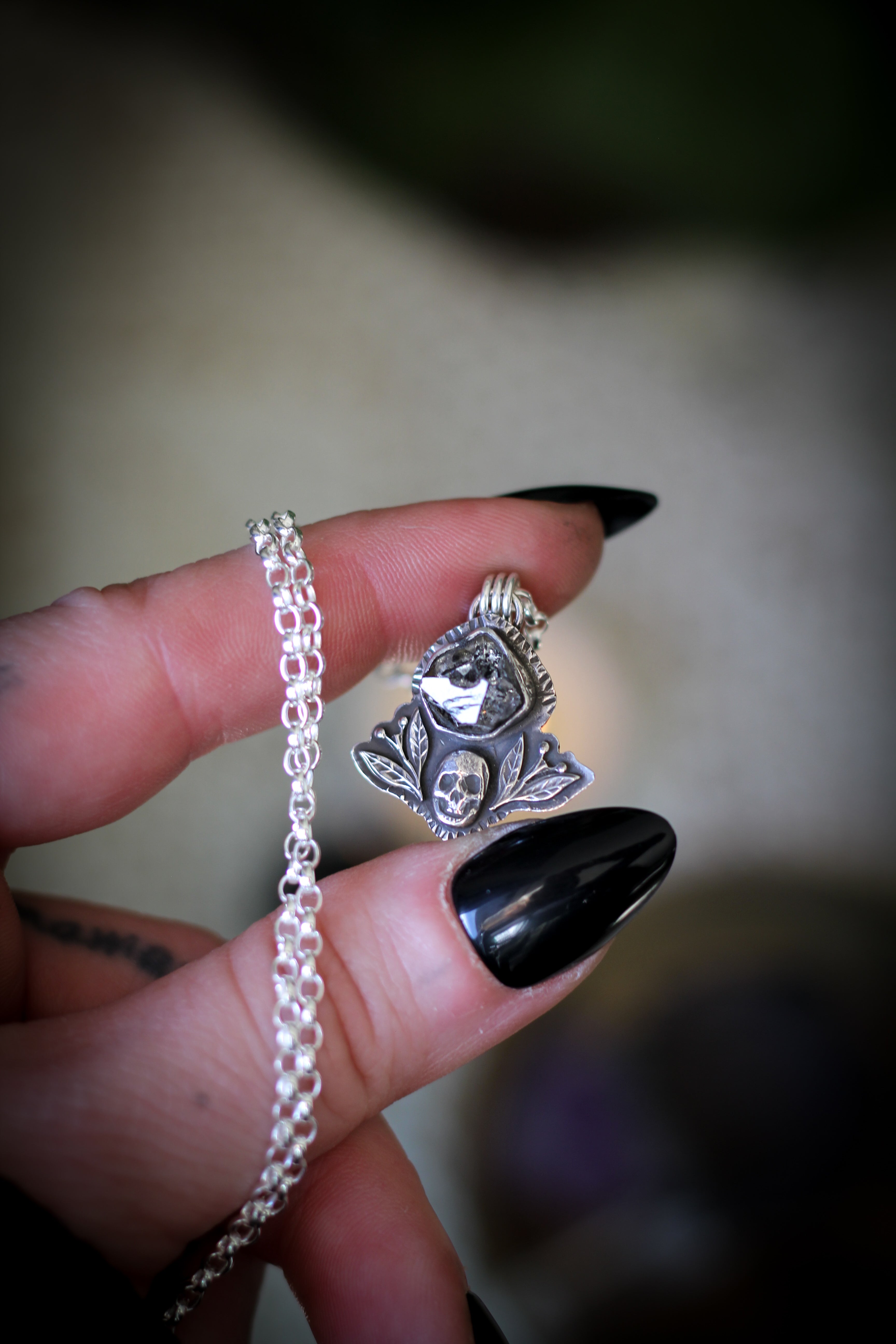 The Jewel of Hel - Raw Herkimer Diamond and Silver Necklace, Forged Skull