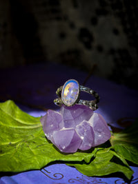 Cieux - Bague en opale de Lightning Ridge et quartz clair, argent