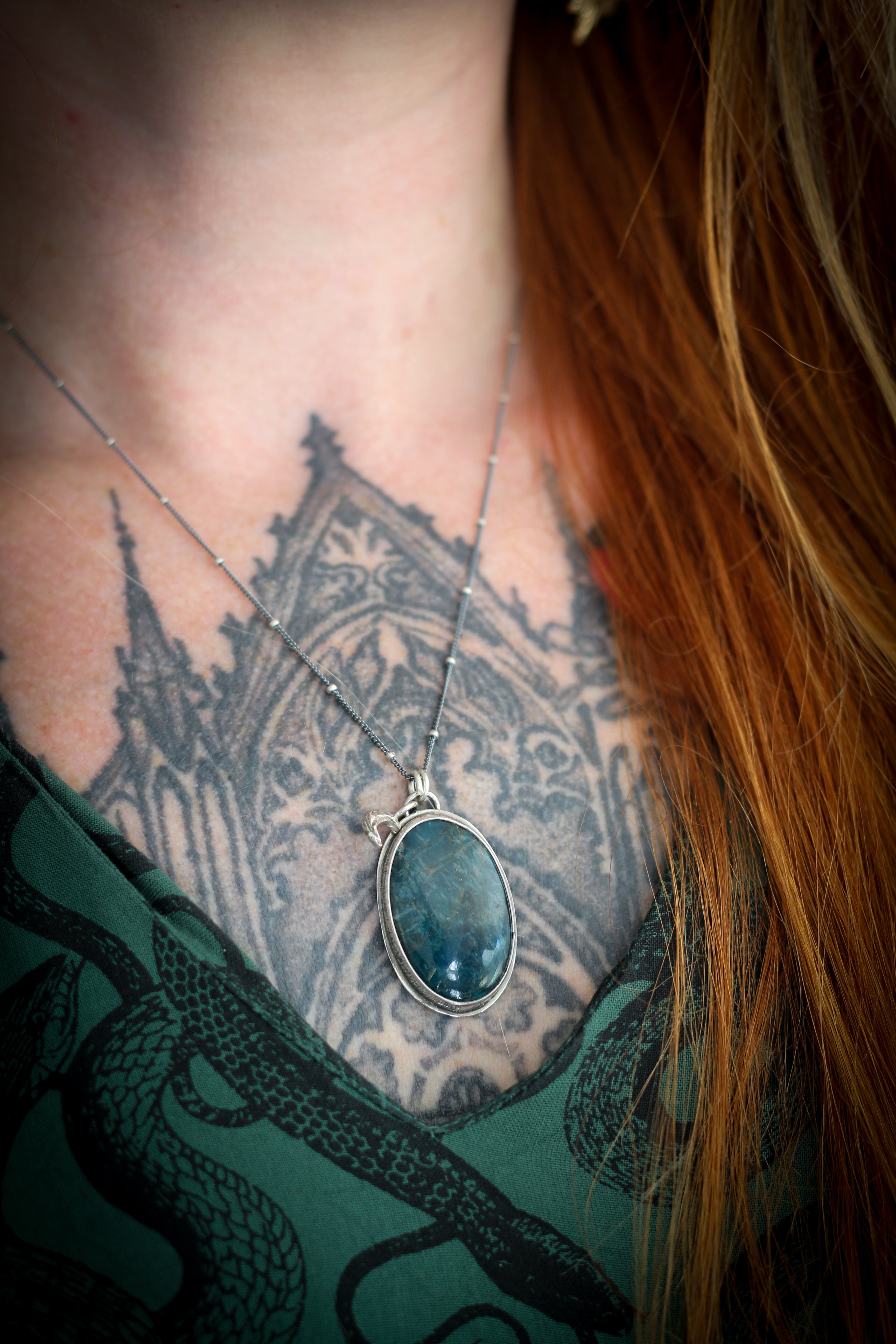 The Amulet of Pax - Neon apatite and silver necklace, forged moon, star on the back