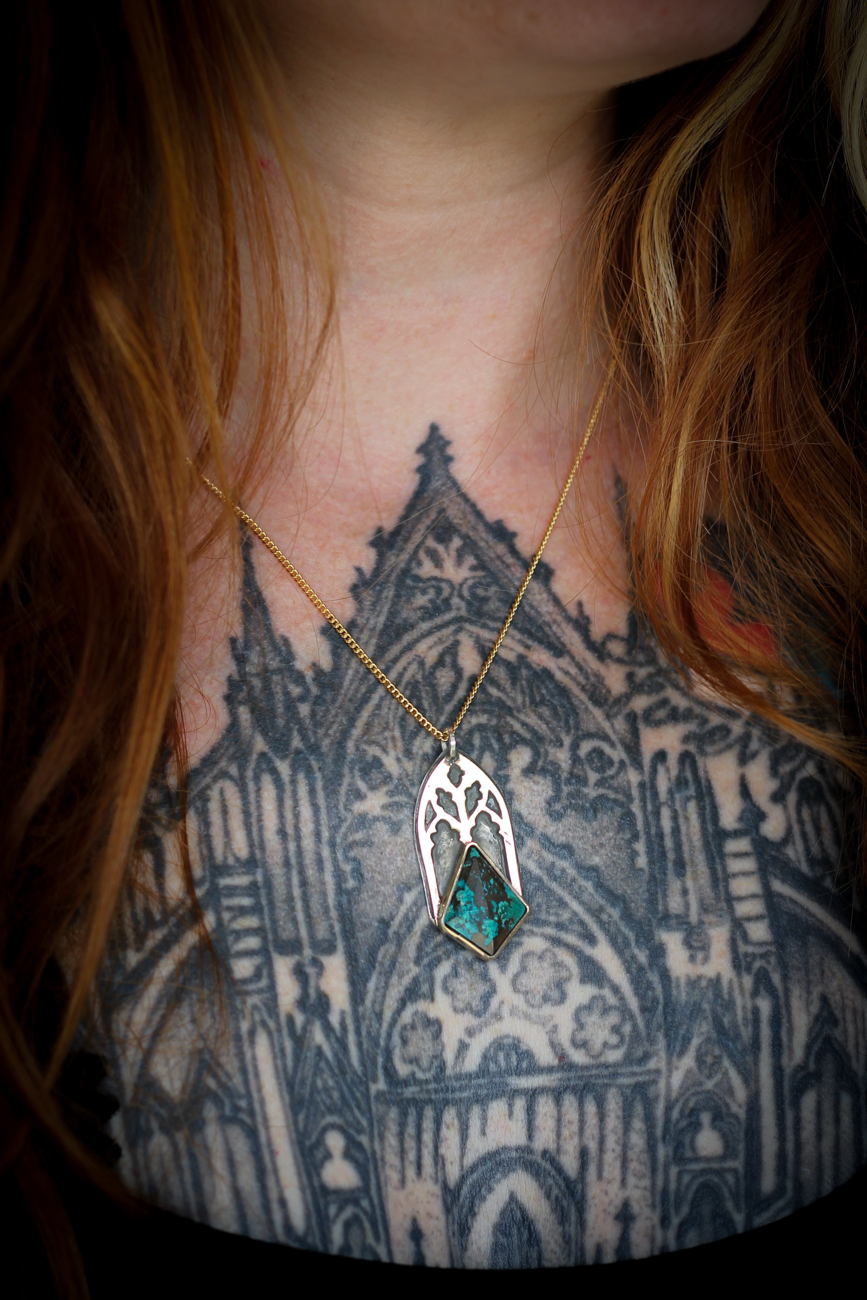 Gothica - Gothic arch necklace in Tibetan turquoise, brass and silver