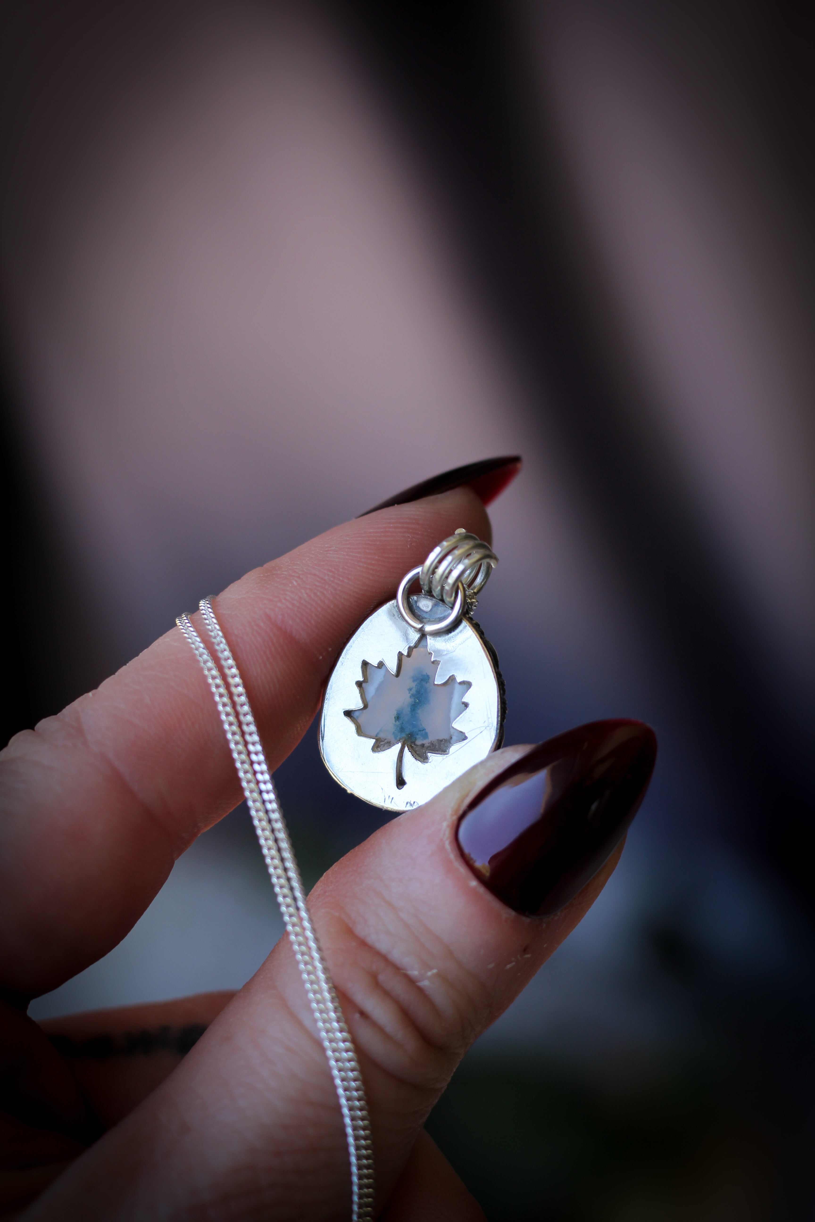 Beltane - Faceted moss solar quartz and silver necklace, maple leaf on the back