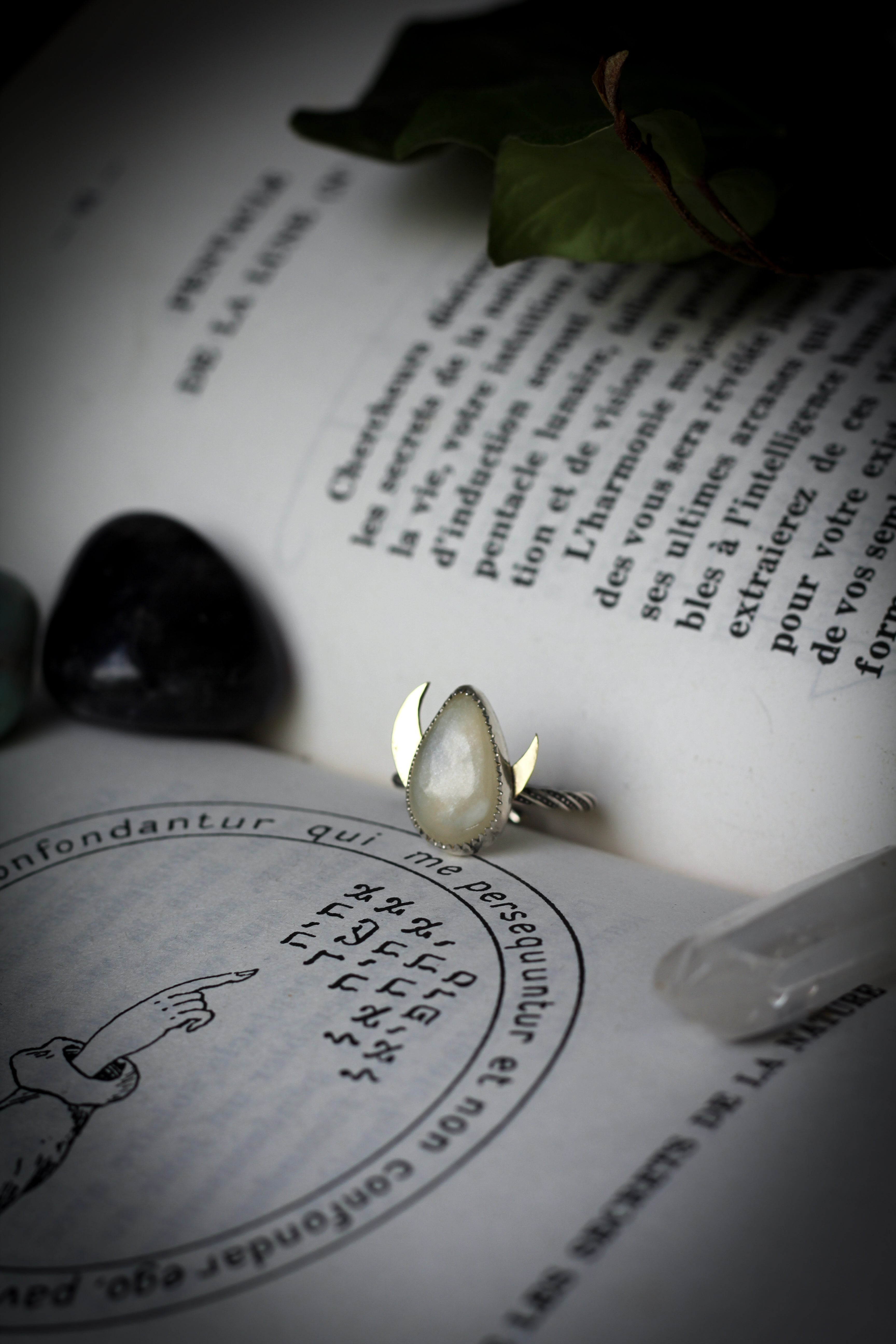 Moon Child - Genuine White Moonstone Ring, Silver, Brass Moon Back