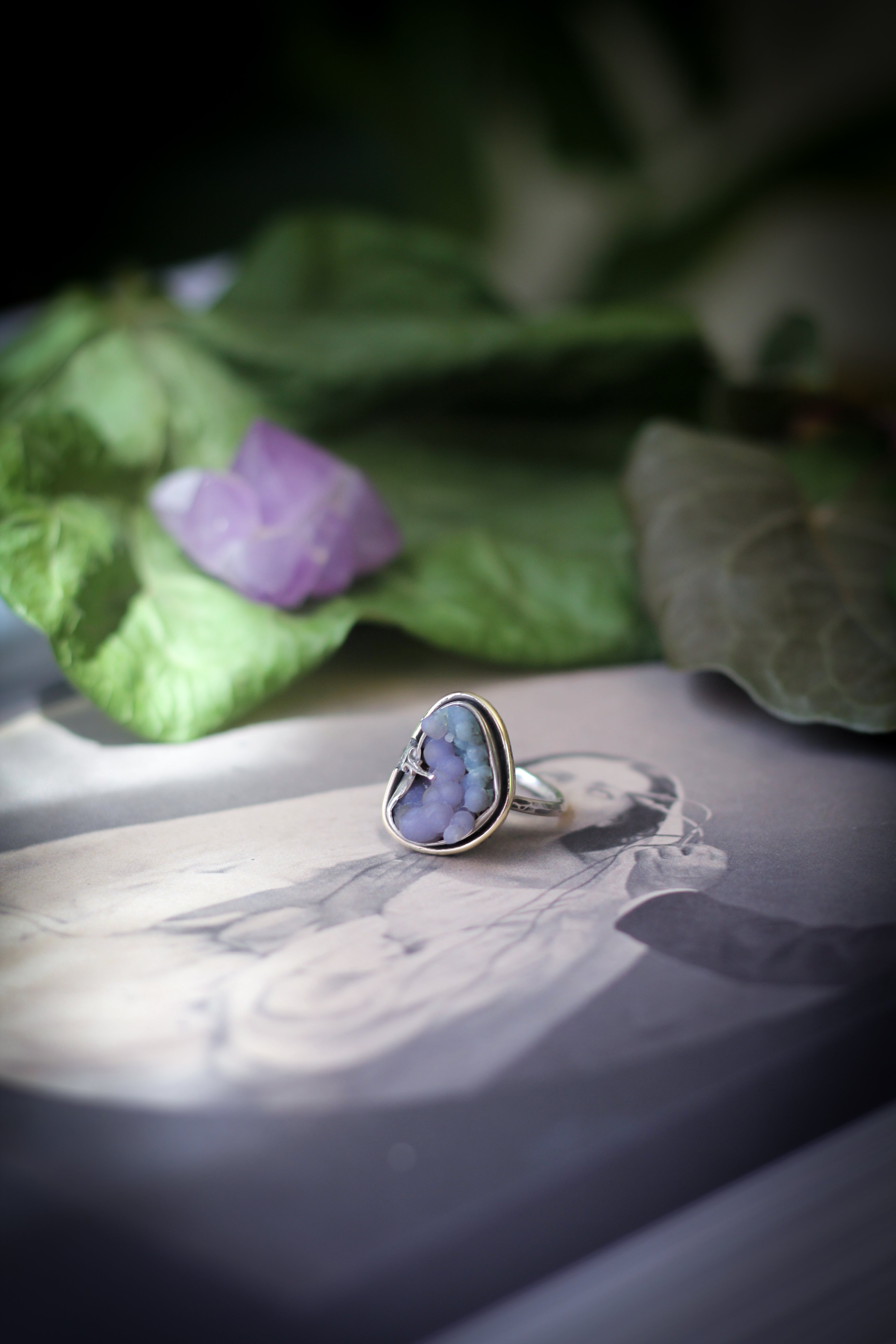 Litha - Druzy cluster agate ring, silver and brass