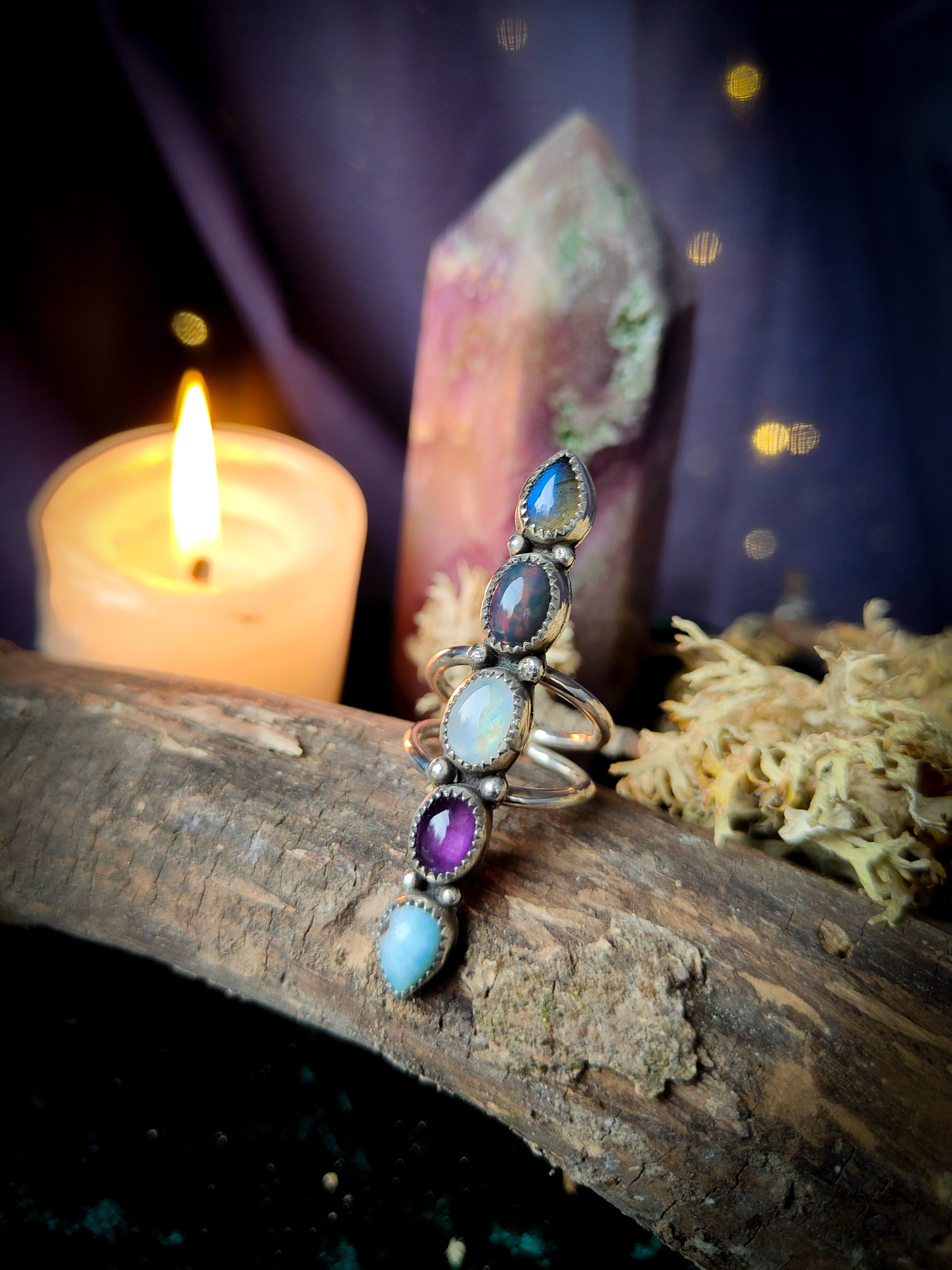 Crystal Witch - Larimar, Amethyst, Rainbow Moonstone, Ethiopian Black Opal and Blue Labradorite and Silver Ring