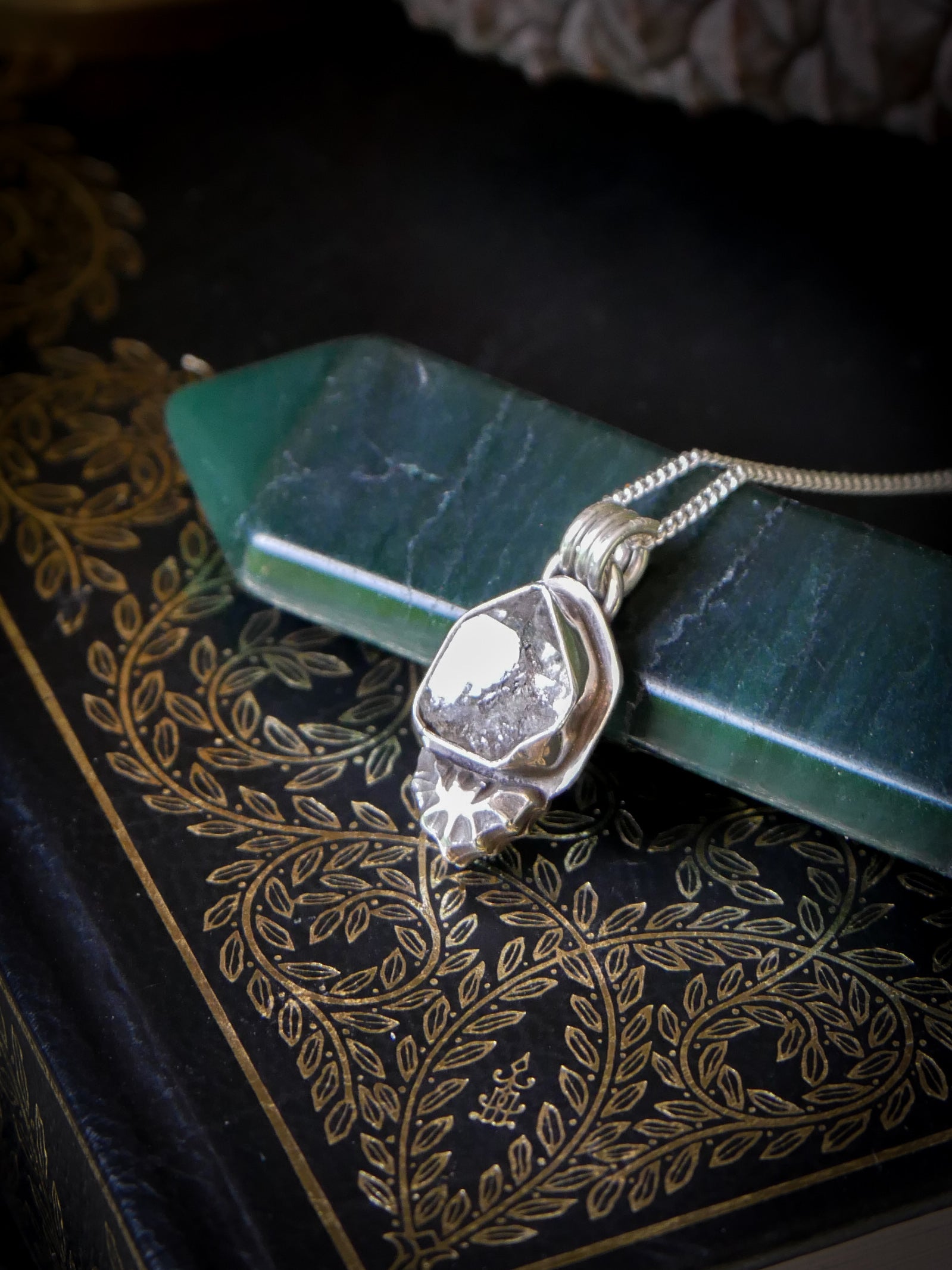 Magicae Noctis - Raw Herkimer Diamond and Silver Necklace, Forged Bat