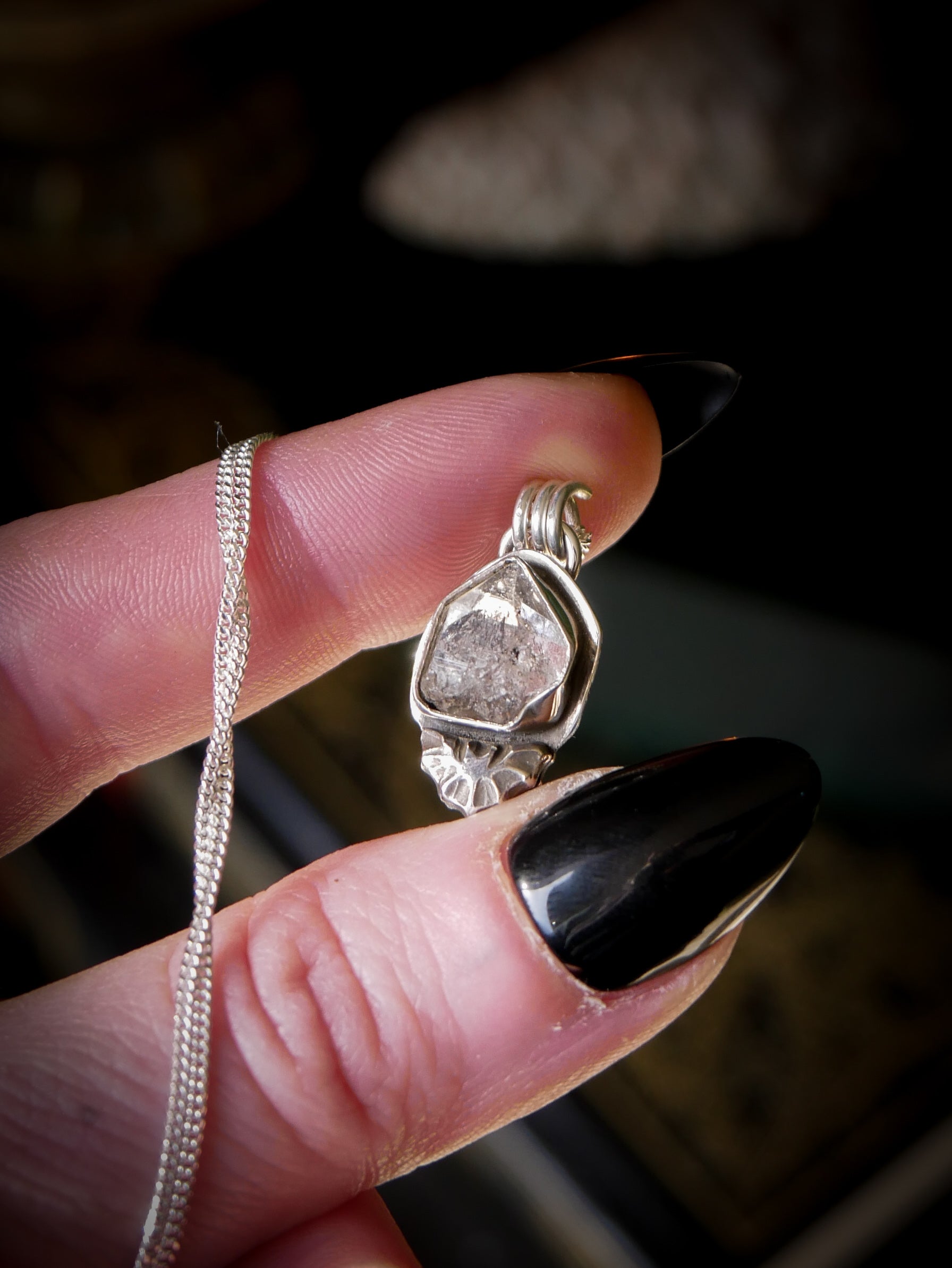 Magicae Noctis - Raw Herkimer Diamond and Silver Necklace, Forged Bat