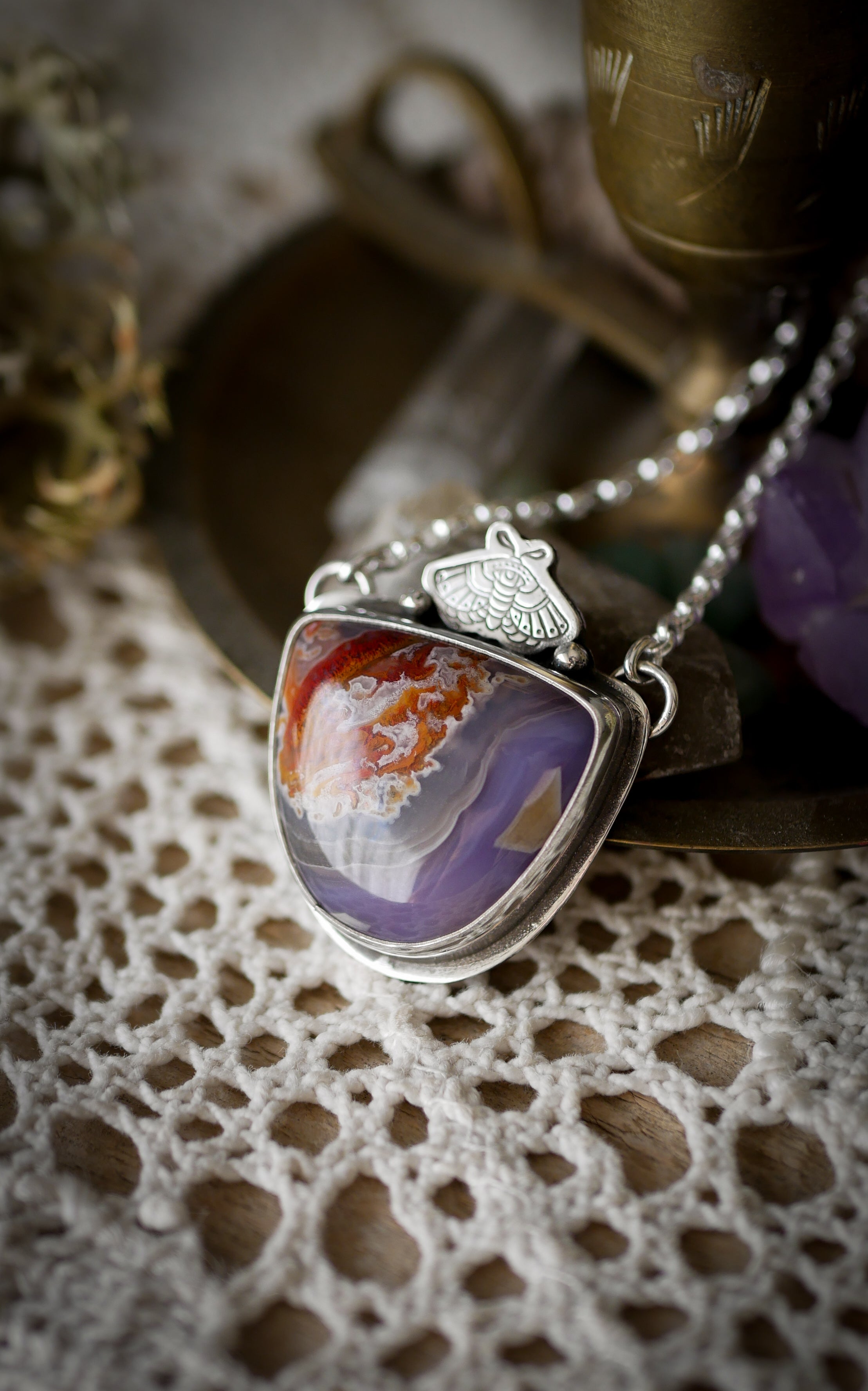 Lightworker - Nueva agate and silver necklace, stamped butterfly
