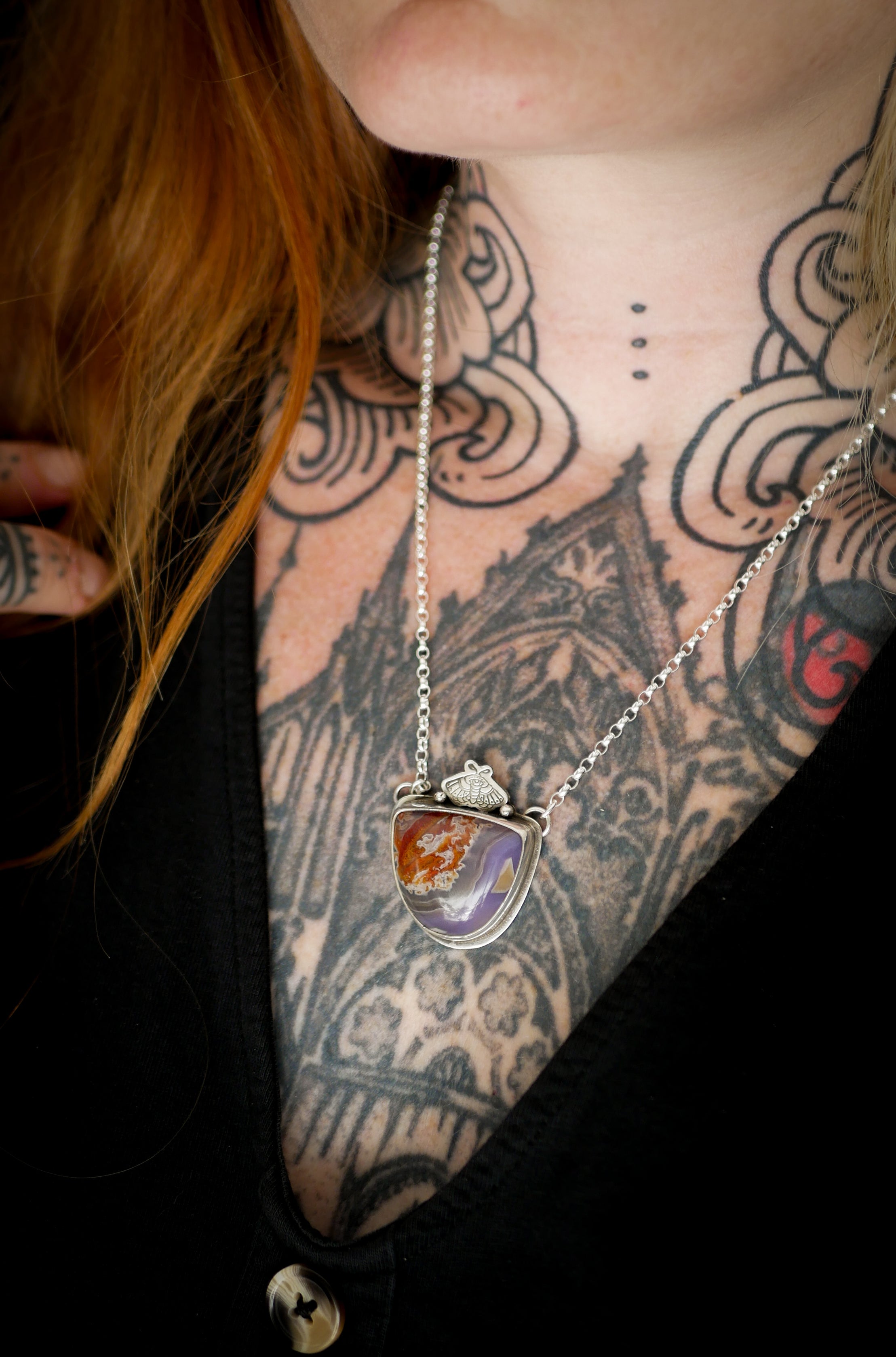 Lightworker - Nueva agate and silver necklace, stamped butterfly
