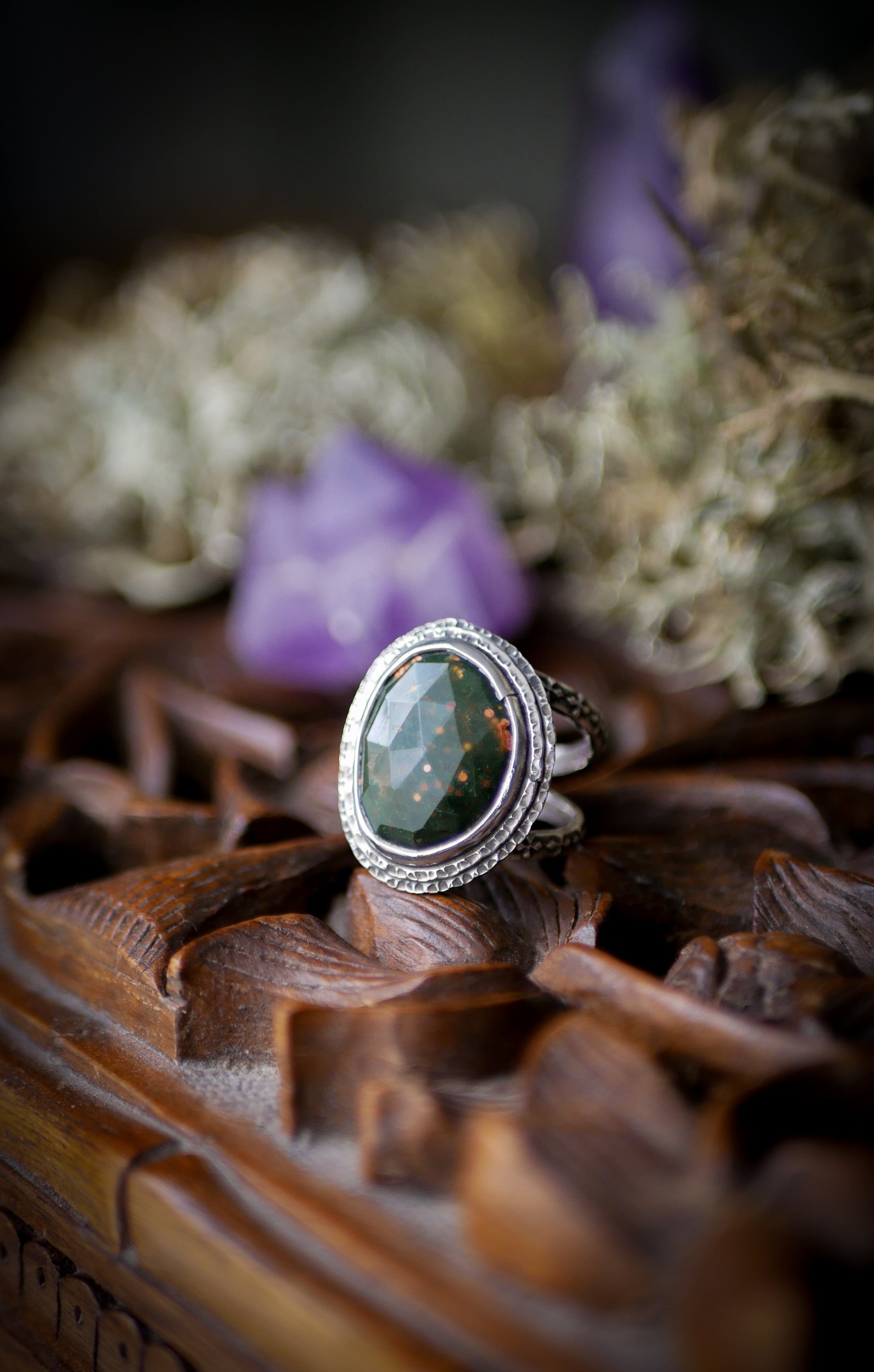 The Horned God Amulet - Faceted Ocean Jasper and Silver Ring with Maple Leaf Back