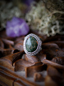 The Horned God Amulet - Faceted Ocean Jasper and Silver Ring with Maple Leaf Back
