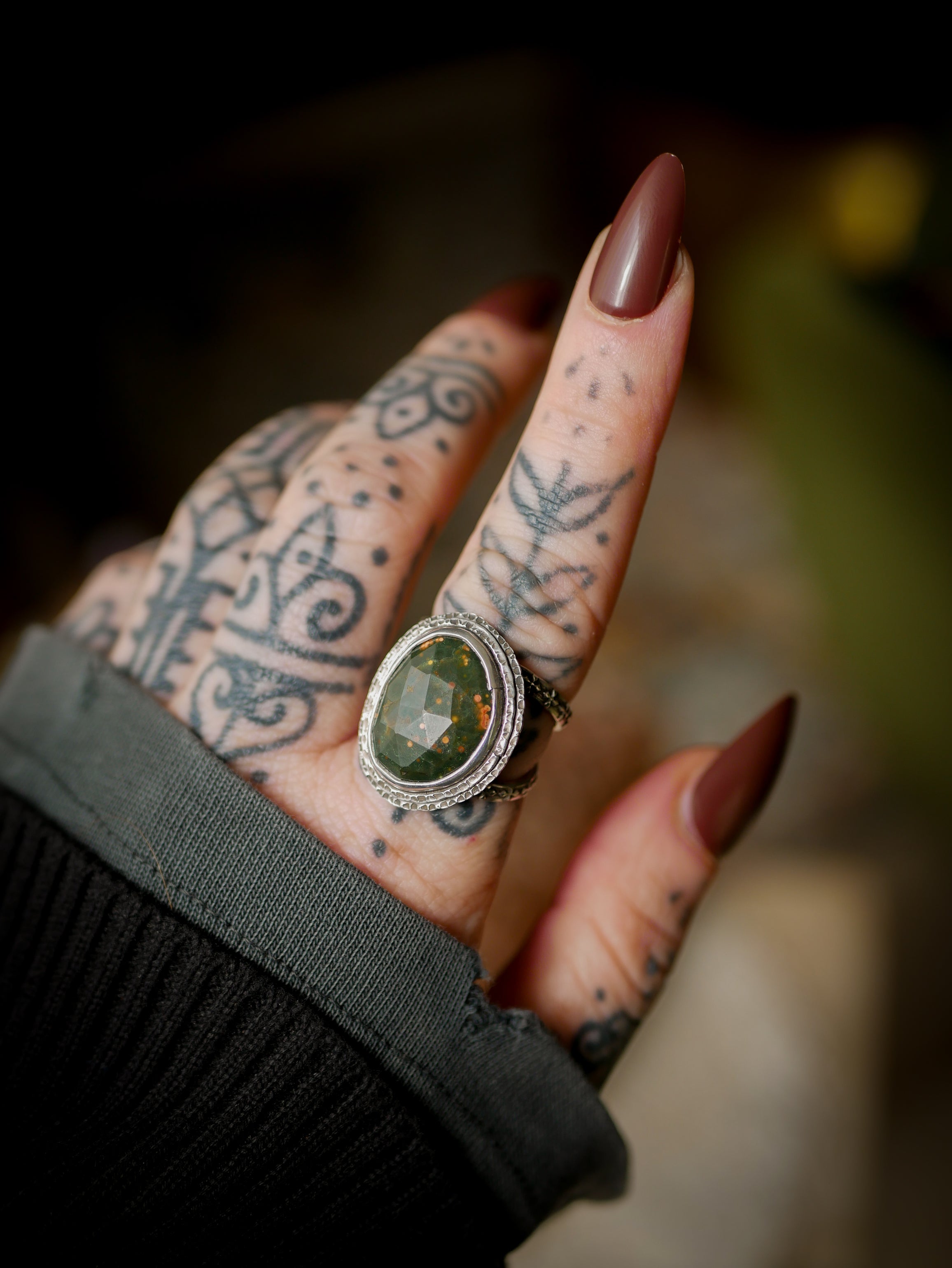 The Horned God Amulet - Faceted Ocean Jasper and Silver Ring with Maple Leaf Back