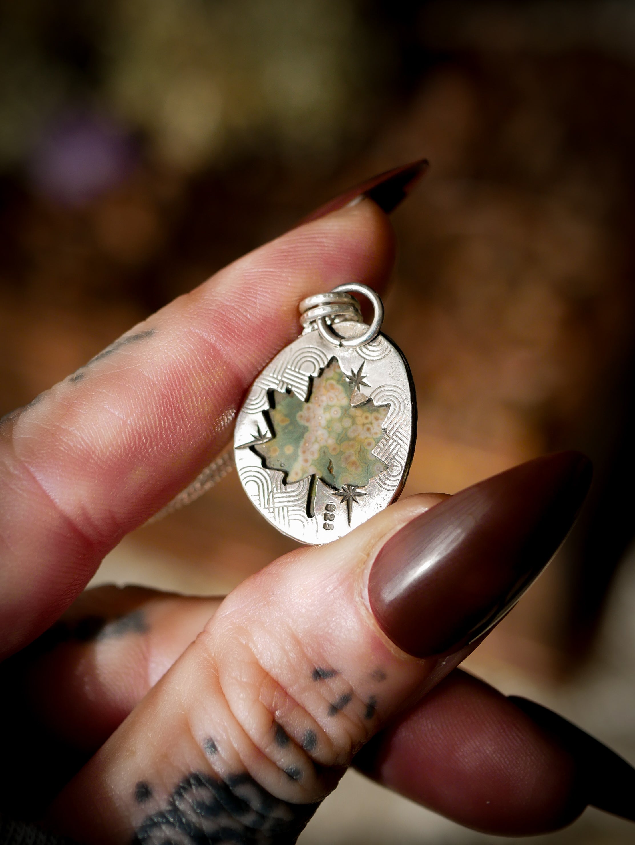 The Horned God Amulet - Faceted Ocean Jasper and Silver Necklace, Maple Leaf on the Back