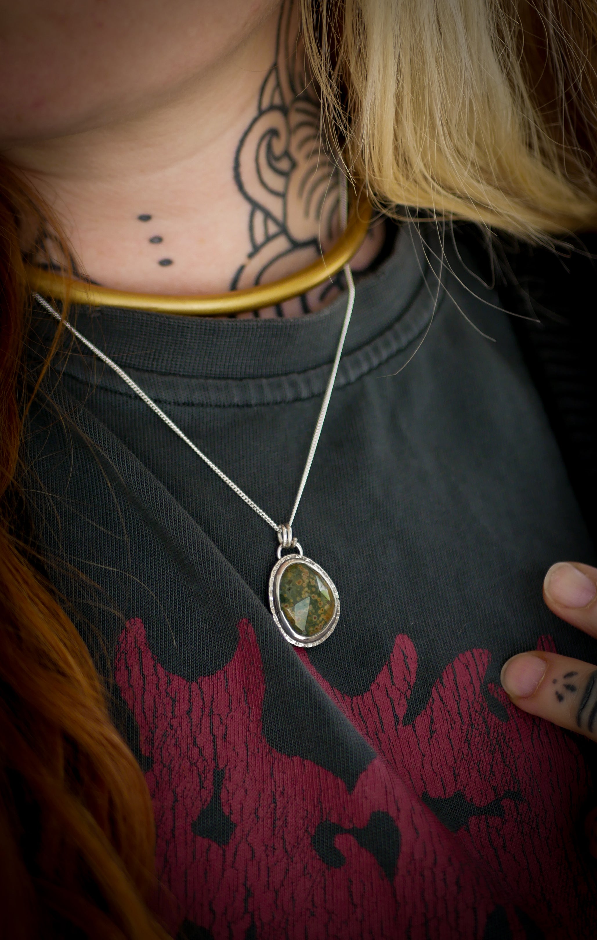 The Horned God Amulet - Faceted Ocean Jasper and Silver Necklace, Maple Leaf on the Back