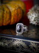 Persephone's Gate - Faceted hypersthene and silver ring, forged skull on the back