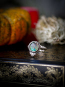 The Soul of the Night - Aurora Opal and Silver Ring, Forged Bat