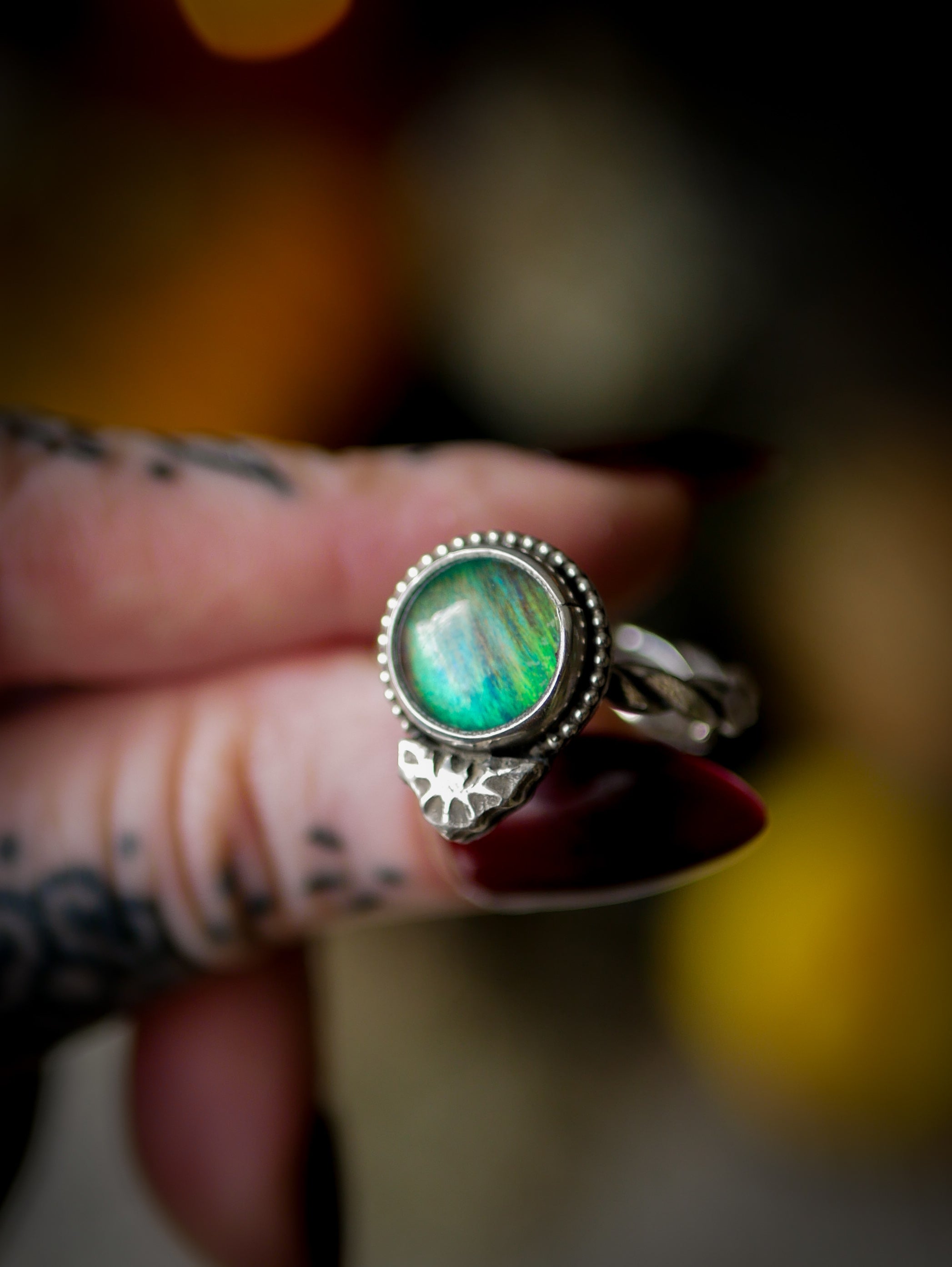 The Soul of the Night - Aurora Opal and Silver Ring, Forged Bat