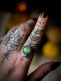 The Soul of the Night - Aurora Opal and Silver Ring, Forged Bat