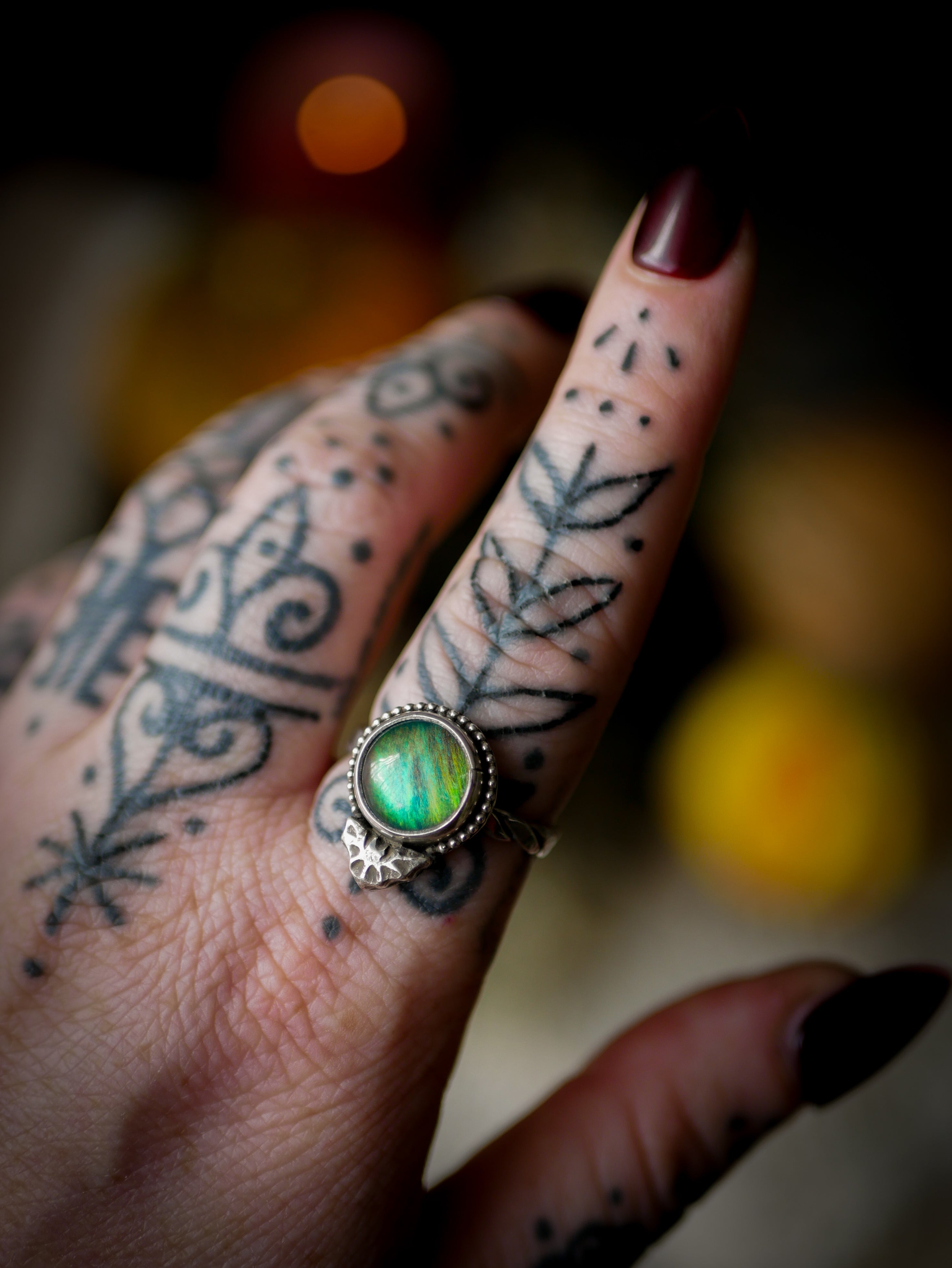 The Soul of the Night - Aurora Opal and Silver Ring, Forged Bat