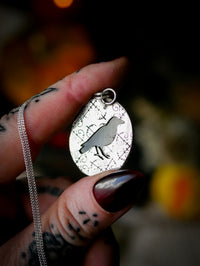 The Omen - Faceted black onyx and silver necklace, raven on the back