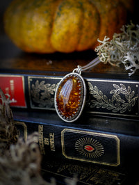 The Veil - Baltic amber and silver necklace, chrysanthemum on the back