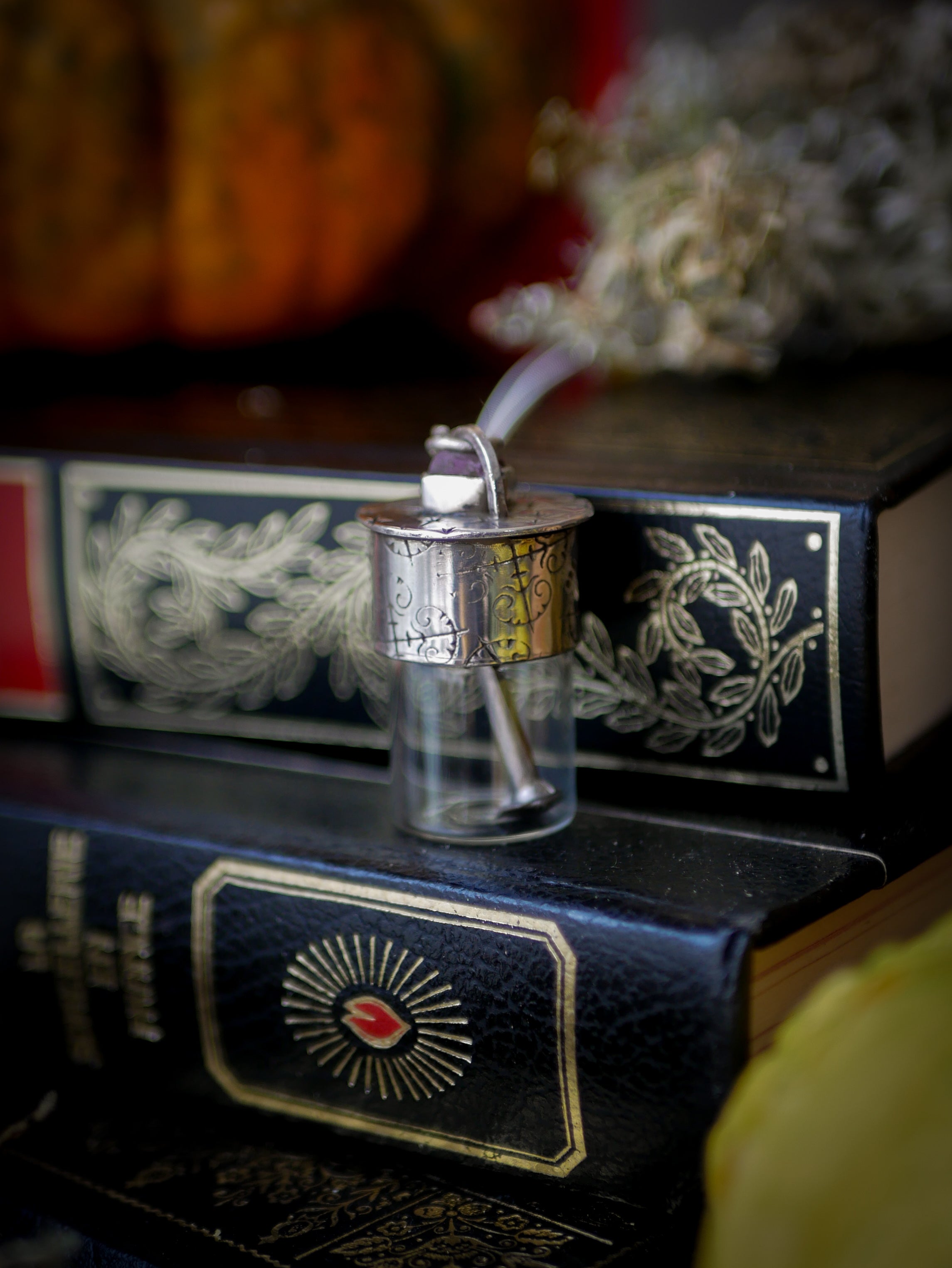 The Necromancer - Silver, Glass, Coffin Nail, and Raw Ruby Vial Necklace