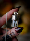 The Necromancer - Silver, Glass, Coffin Nail, and Raw Ruby Vial Necklace