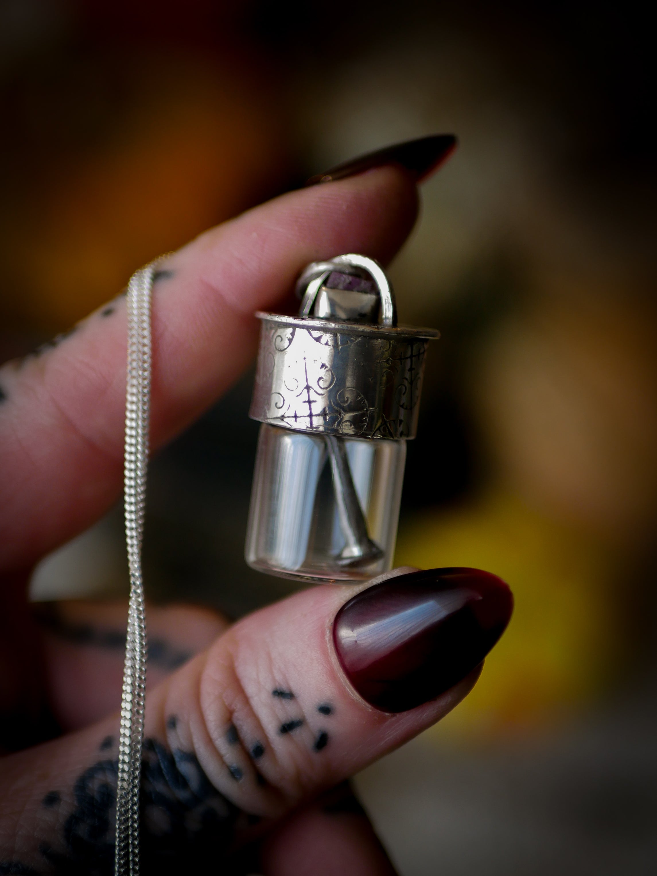 The Necromancer - Silver, Glass, Coffin Nail, and Raw Ruby Vial Necklace