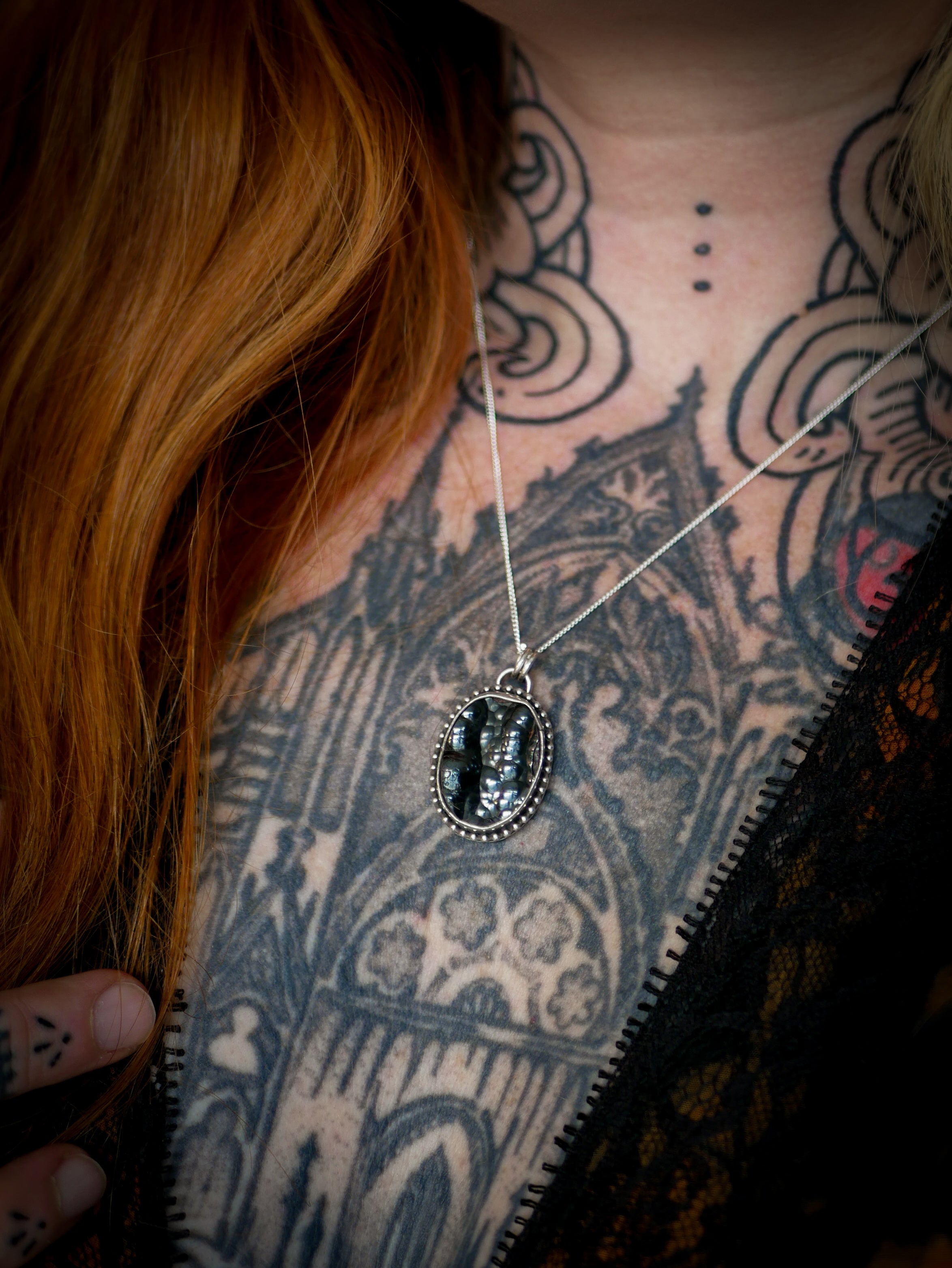 Samhain - Botryoidal Hematite Necklace, Silver and Forged Pentagram on Back