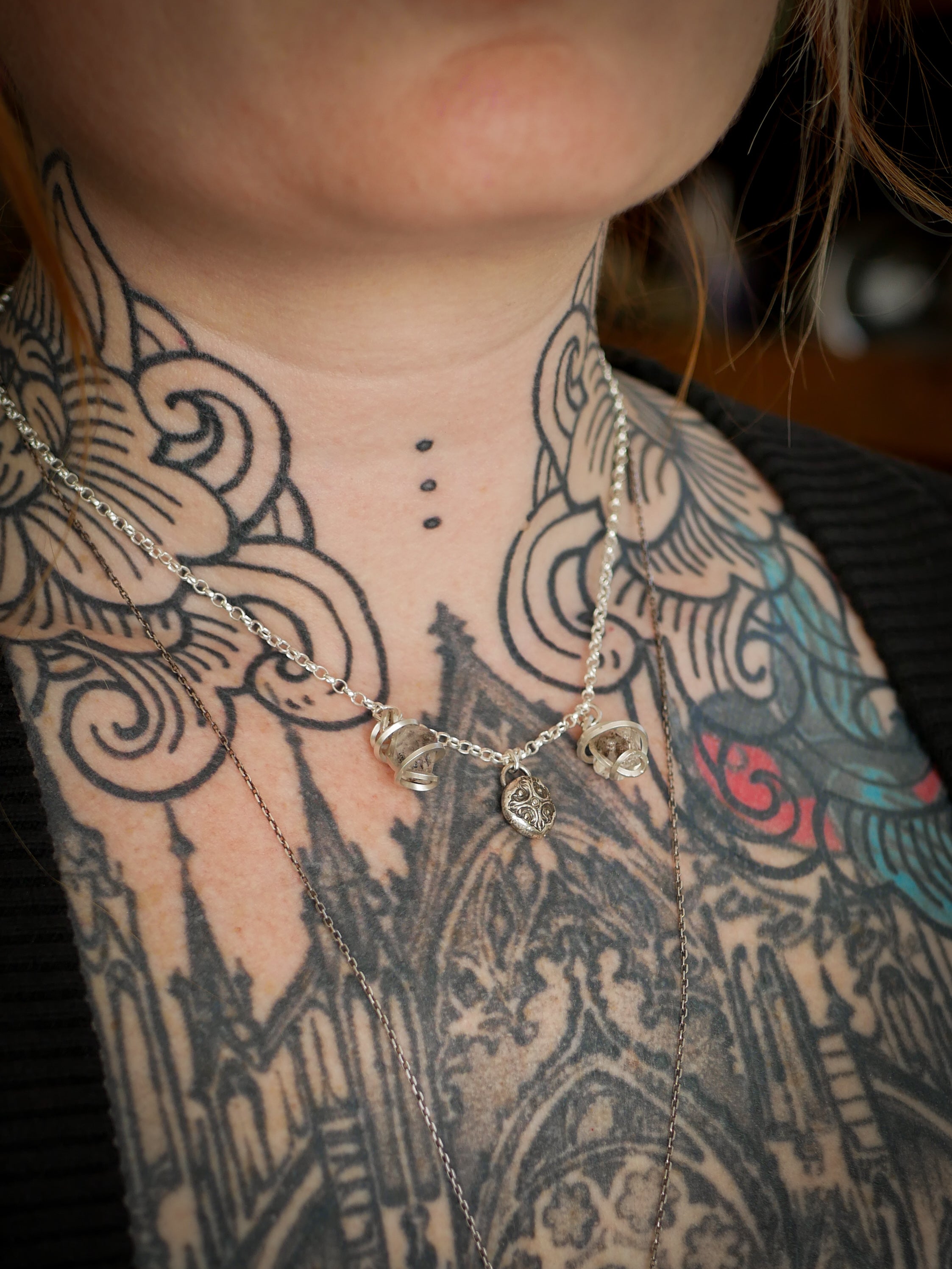 Alice Kyteler - Collier en diamant Herkimer et argent, pendentif gothique forgé