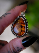 Templum - Pendentif en ambre de la Baltique et argent, fenêtre gothique au dos