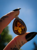 Templum - Pendentif en ambre de la Baltique et argent, fenêtre gothique au dos
