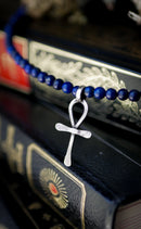 Ankh - Ras-de-cou en perles de lapis lazuli, argent et ankh forgé