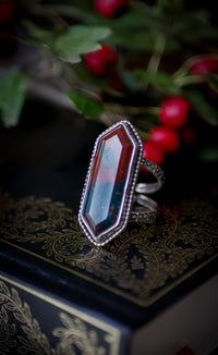 La Morrigan- Bague en jaspe héliotrope facetté et argent, anneaux forgés