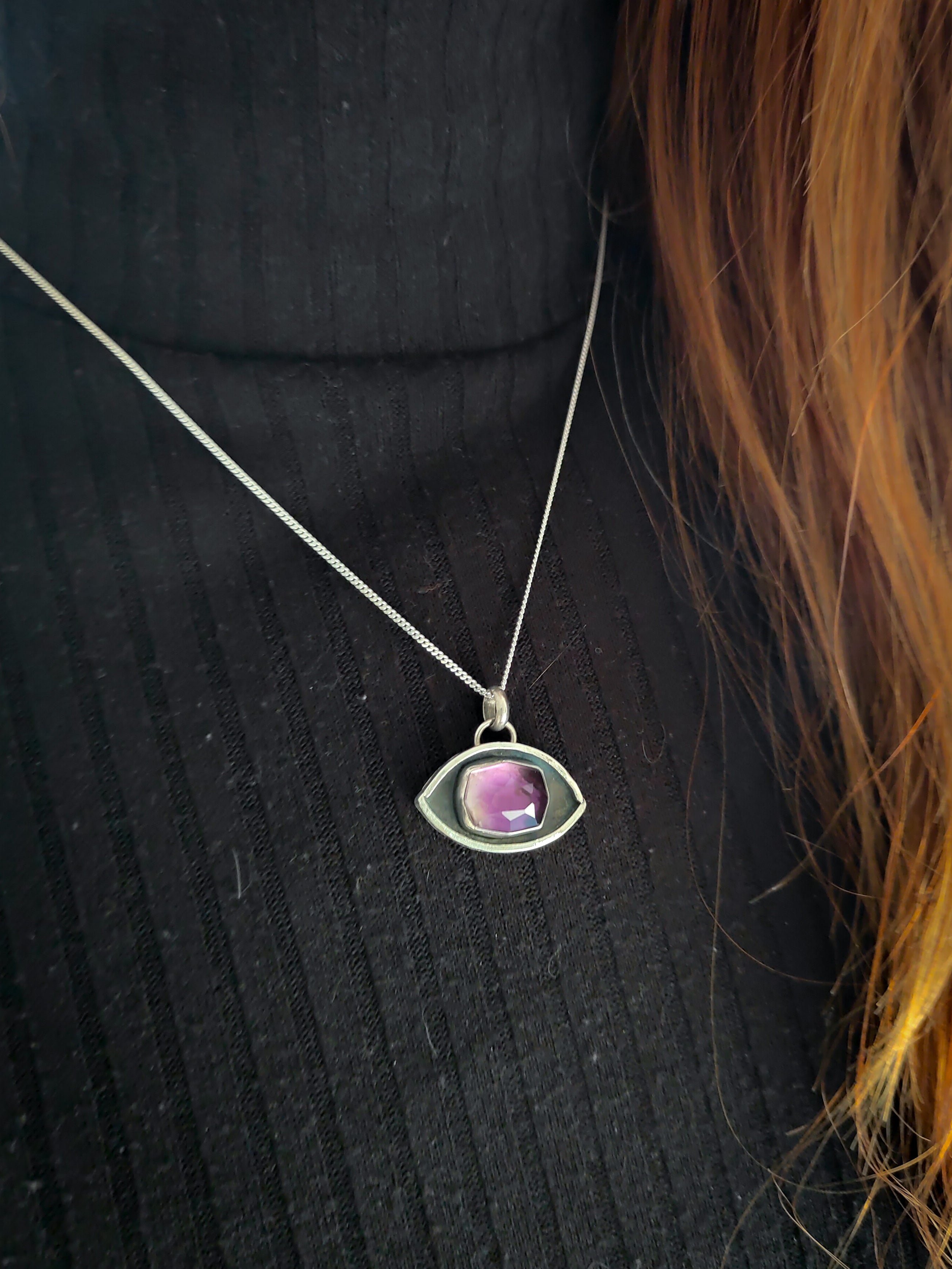 Third Eye - Eye necklace in faceted amethyst and silver, moons and stars on the back