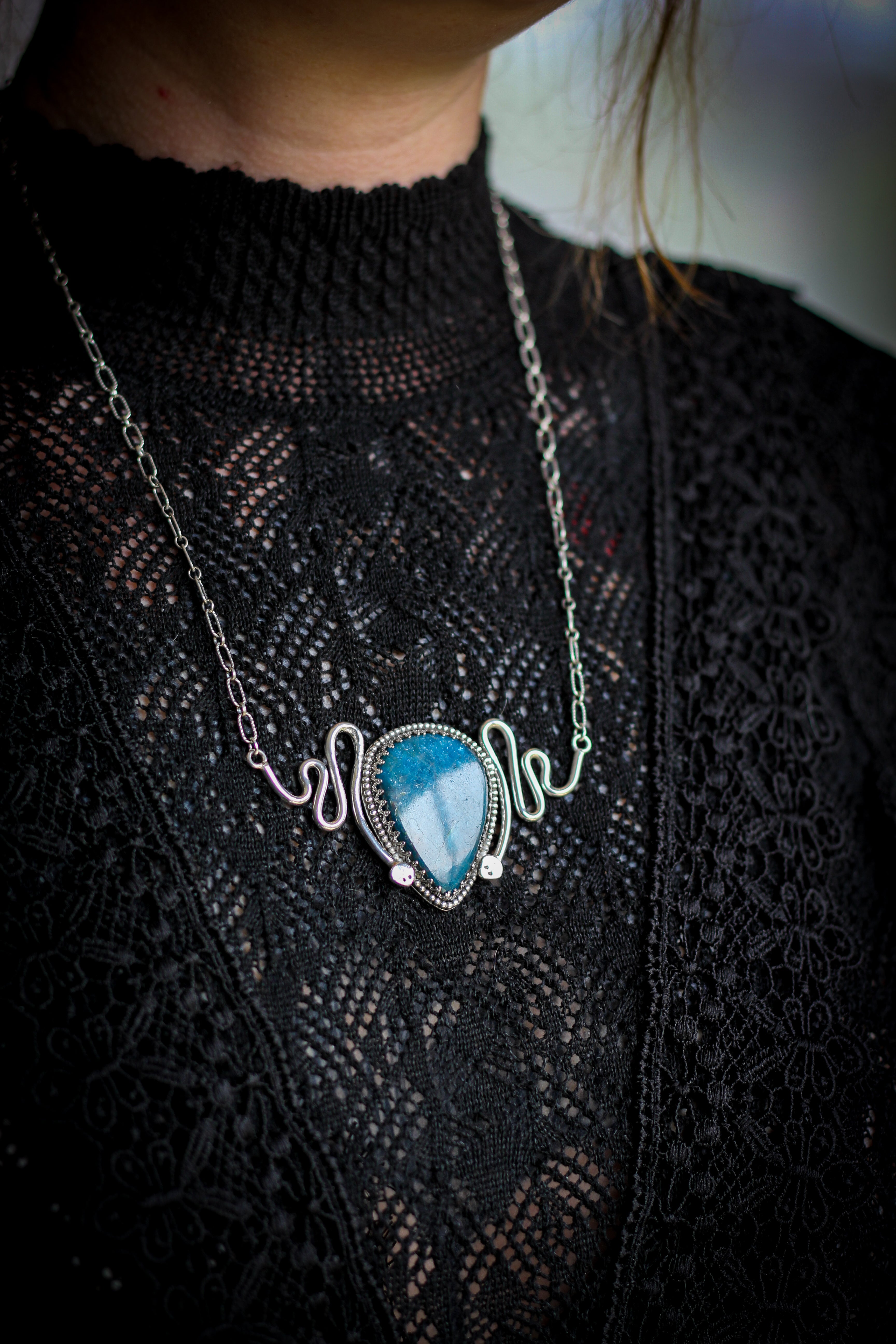 The Snake Goddess - Apatite and silver necklace, forged snakes